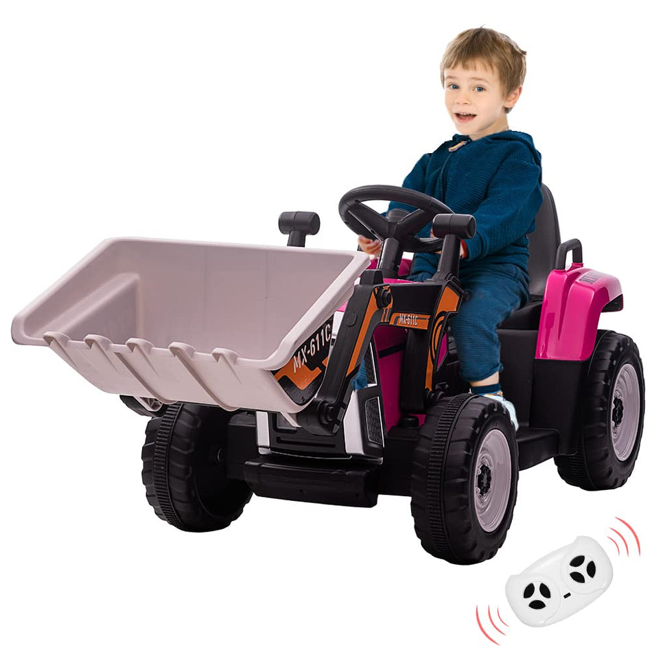 Garvee 12V Kids Ride on Car,Excavator with Bucket & Remote Control,Toddler Battery Powered Electric Vehicle,2+1 Gear Shift,3 Speeds,Music,Bluetooth,7-LED Headlights,EVA Tire,Rose