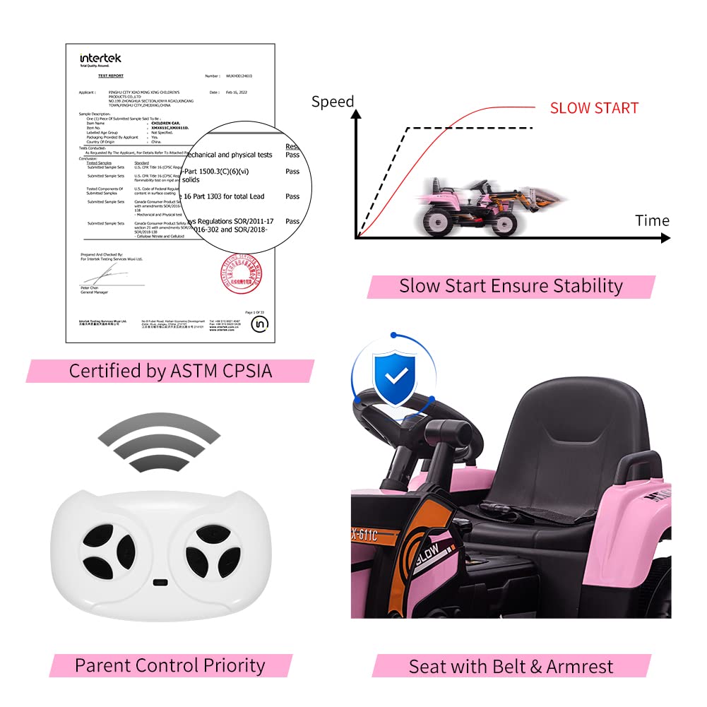 Garvee 12V Kids Ride on Car,Excavator with Bucket & Remote Control,Toddler Battery Powered Electric Vehicle,2+1 Gear Shift,3 Speeds,Bluetooth,7-LED Headlights,Music,Thread Tire,Pink