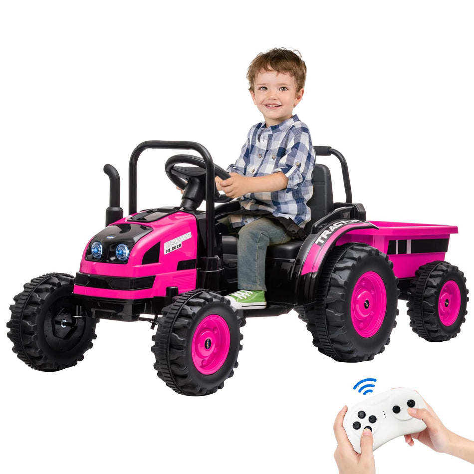 Garvee Ride - P Series: 12V Electric Ride-On Tractor for Kids with Trailer, Remote Control, Music, LED Lights, and Rear Wheel Suspension - Battery Powered Toy Vehicle - Pink