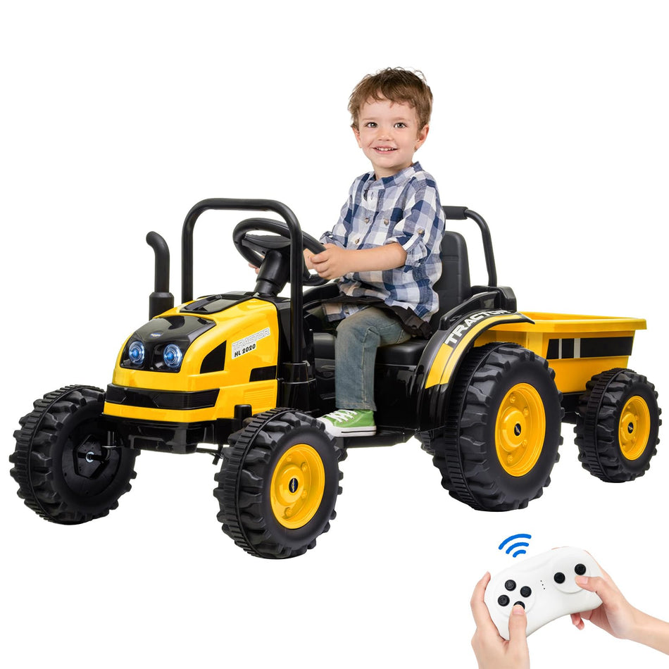 Garvee Ride - P Series: 12V Electric Ride-On Tractor for Kids with Trailer, Remote Control, Music, LED Lights, and Rear Wheel Suspension - Battery Powered Toy Vehicle - Yellow