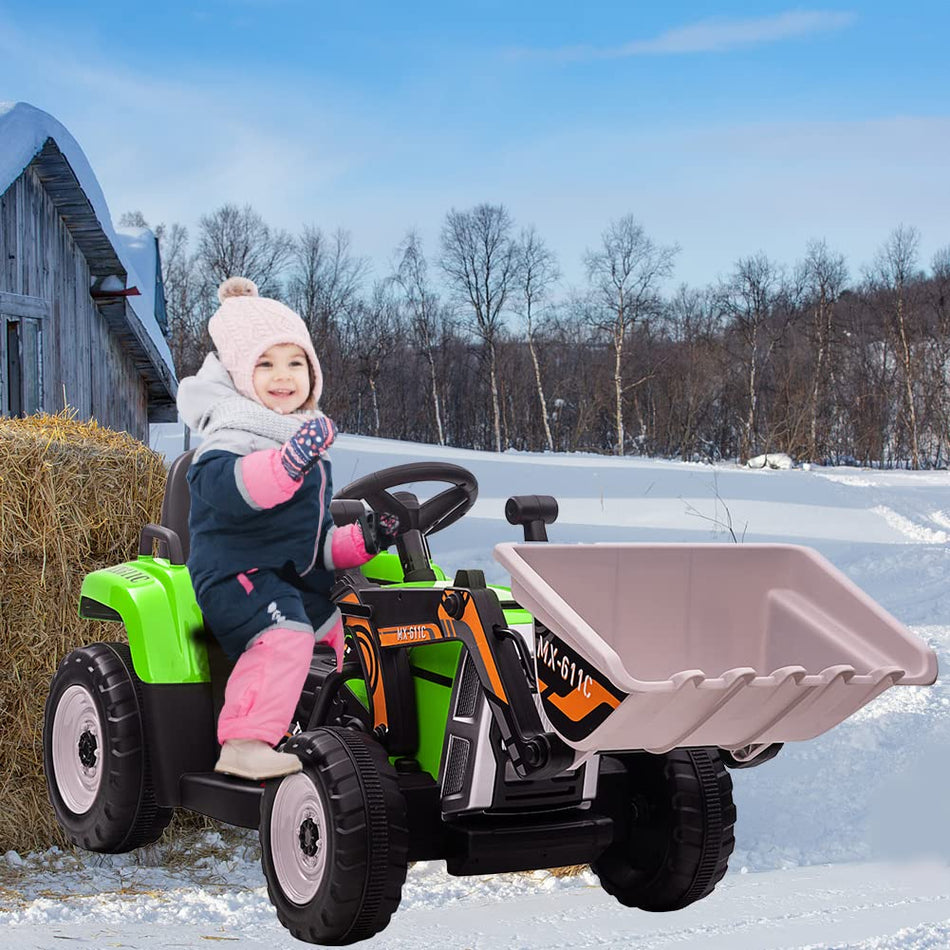 Garvee 12V Kids Ride on Car,Excavator with Bucket & Remote Control,Toddler Battery Powered Electric Vehicle,2+1 Gear Shift,3 Speeds,Bluetooth,7-LED Headlights,Music,Thread Tire,green