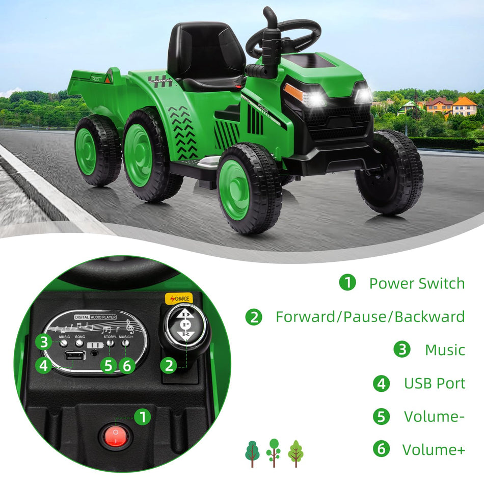 Garvee Ride - P Series: Kids Ride on Tractor with Trailer, Kids’ Electric Vehicles with Wear-Resistant Wheels, LED Headlights, Music & USB Port, Kids Ride on Car Toys for Toddlers Kids, Green