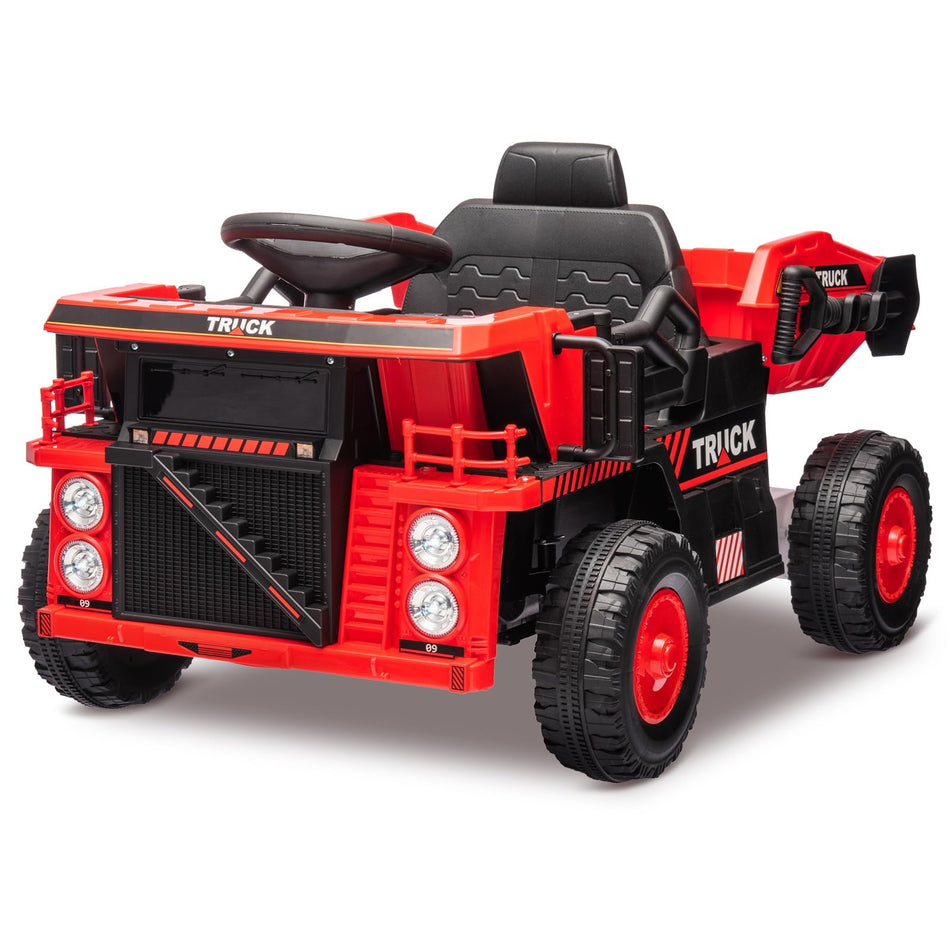Garvee Ride - P Series: 12V Ride On Construction Vehicle for Kids With Remote Control, Electric Dump Bed,Shovel,Music Player, and Four Wheel Shock Absorption for Kids 3+(Red)
