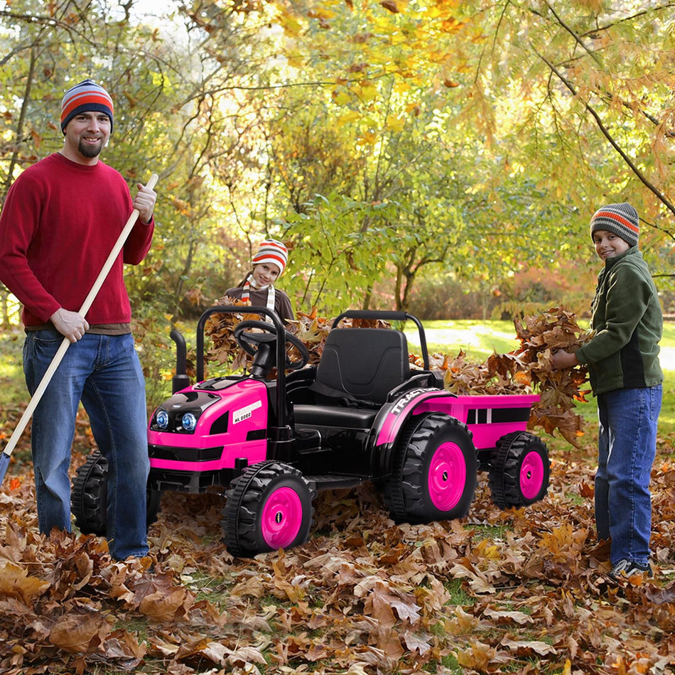 Garvee Ride - P Series: 12V Electric Ride-On Tractor for Kids with Trailer, Remote Control, Music, LED Lights, and Rear Wheel Suspension - Battery Powered Toy Vehicle - Pink