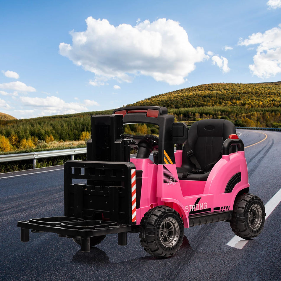 Garvee Ride - P Series: 12V Electric Forklift Ride-On: Liftable Fork, Remote, Music, Realistic Design, 66lb Load, for 3-7 Years - Pink