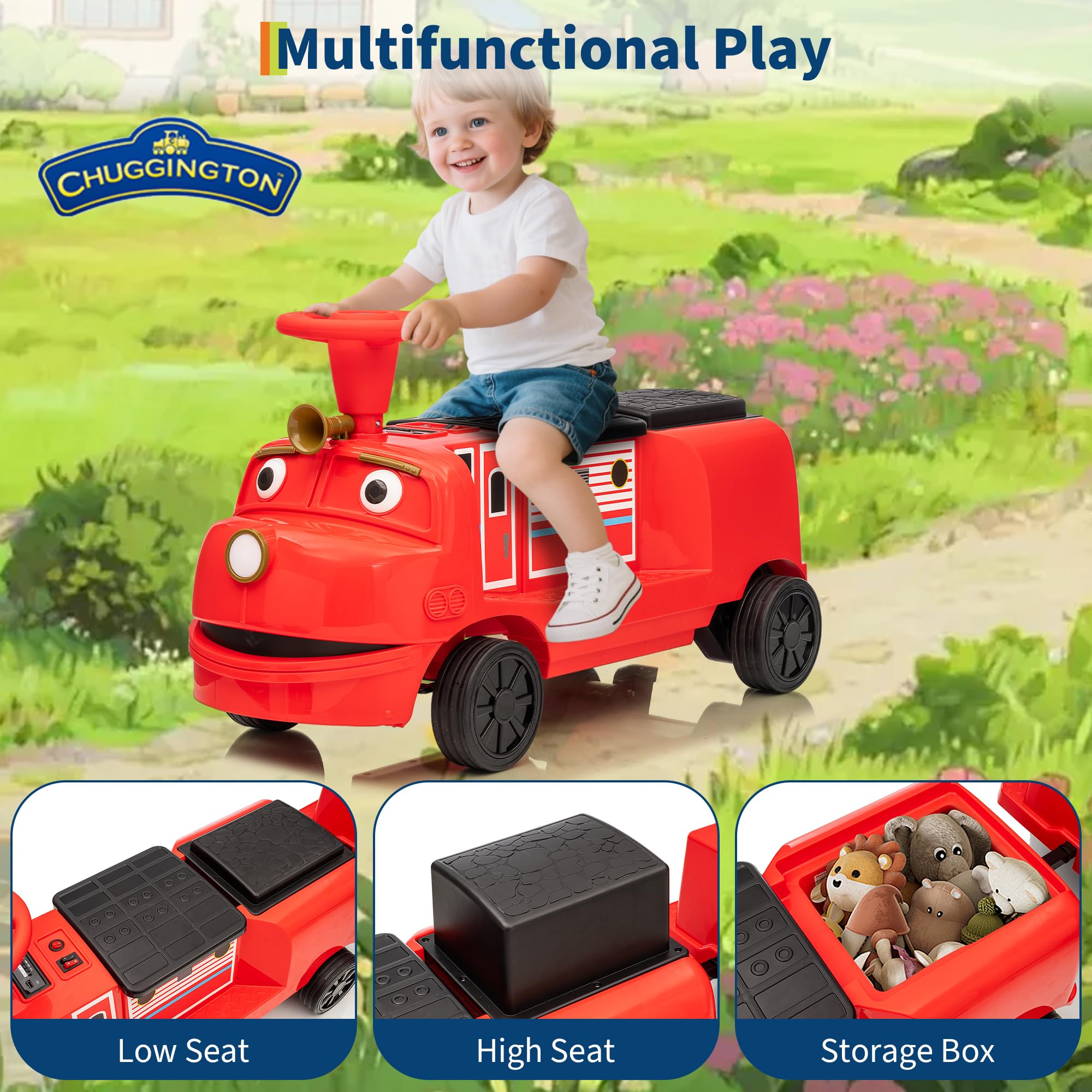 Garvee Licensed By CHUGGINGTON Kids Train 12V Seater Ride On Train Trackless Carriage Red For Toddlers 3+