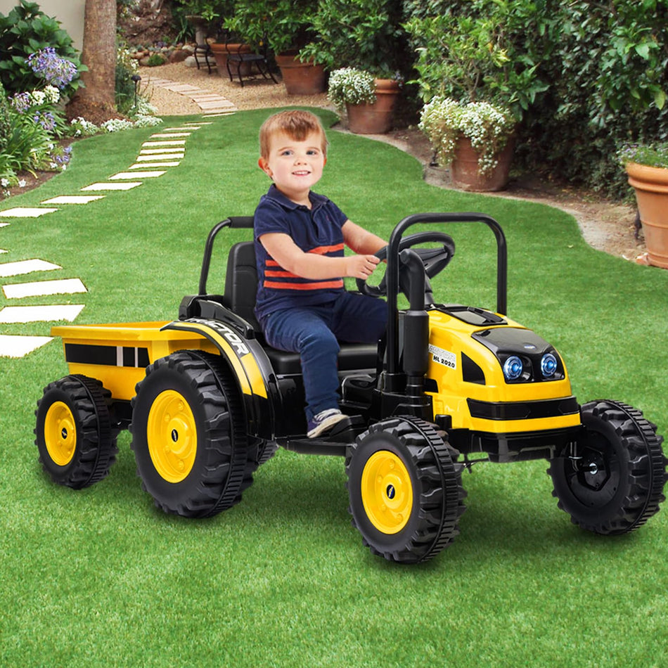Garvee Ride - P Series: 12V Electric Ride-On Tractor for Kids with Trailer, Remote Control, Music, LED Lights, and Rear Wheel Suspension - Battery Powered Toy Vehicle - Yellow