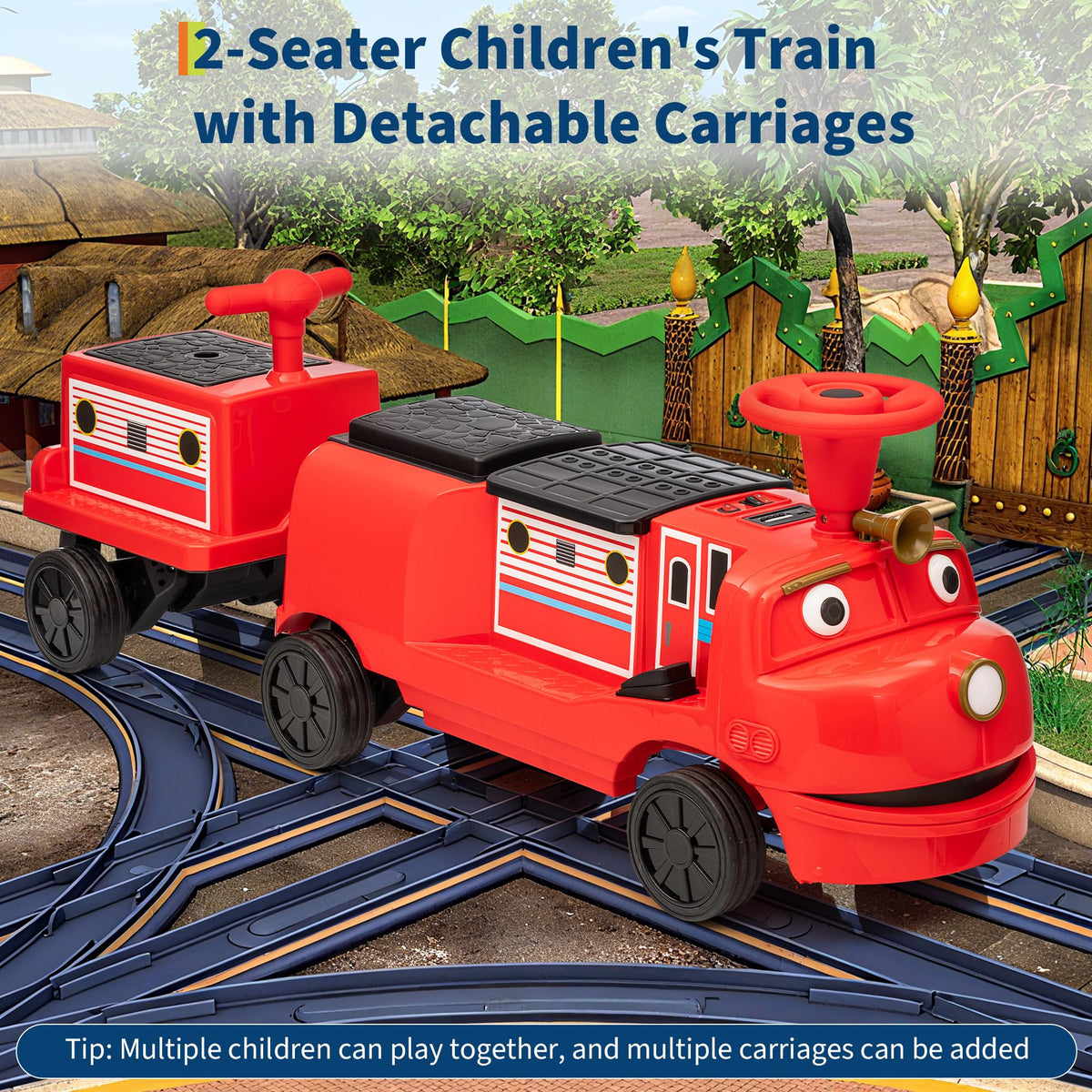 Garvee Licensed By CHUGGINGTON Kids Train 12V Seater Ride On Train Trackless Carriage Red For Toddlers 3+