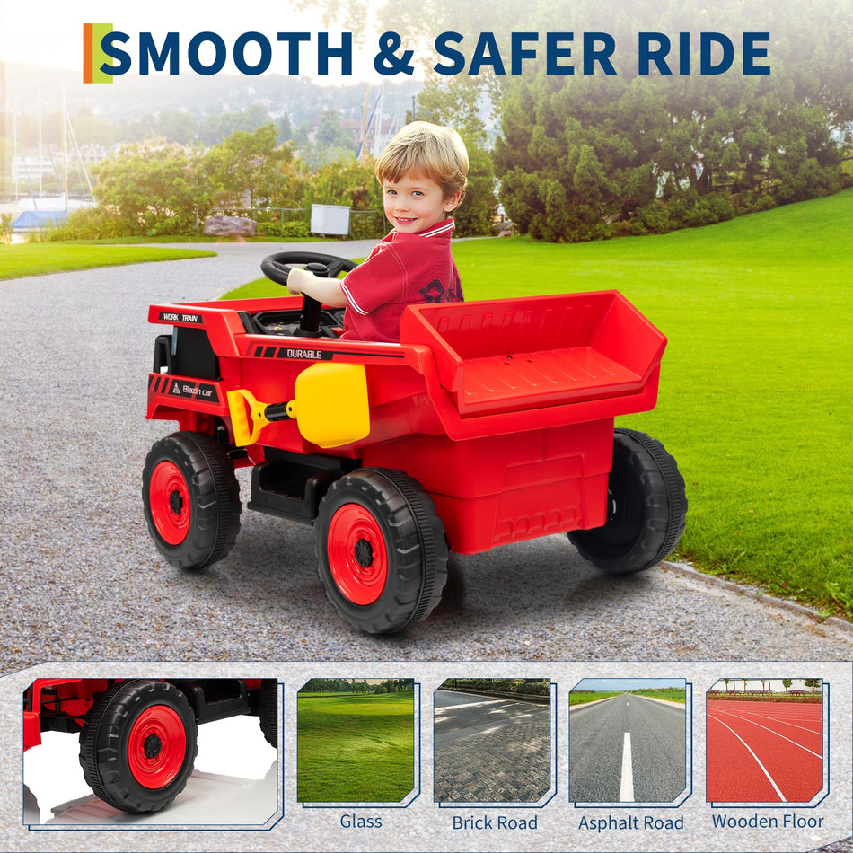 Garvee Ride - P Series: 12V Kids Ride On Dump Truck Electric Car Toy with Remote Control, Auto Dump Bed & Shovel, Durable Plastic, LED Lights & Music, Rose Red, Outdoor Play for Toddlers - Red