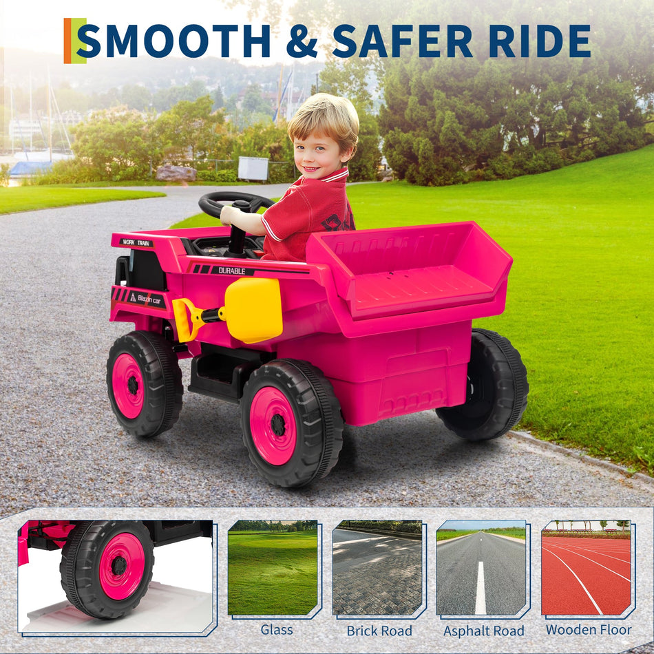 Garvee Ride - P Series: 12V Kids Ride On Dump Truck Electric Car Toy with Remote Control, Auto Dump Bed & Shovel, Durable Plastic, LED Lights & Music, Rose Red, Outdoor Play for Toddlers